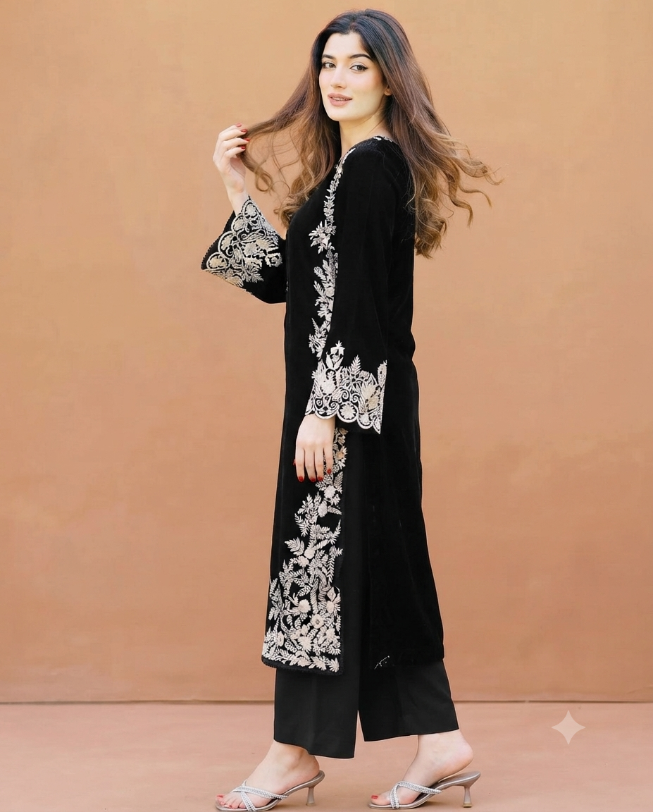 Embroidered Velvet Kurta and Trouser Ensemble