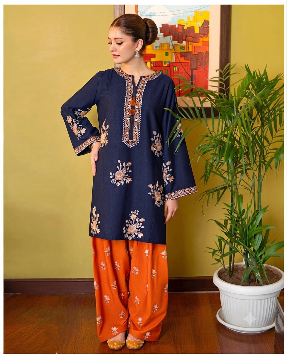 Embroidered Velvet Kurta and Trouser Ensemble