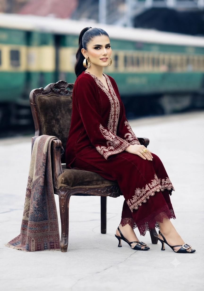 Embroidered Velvet Kurta and Trouser Ensemble