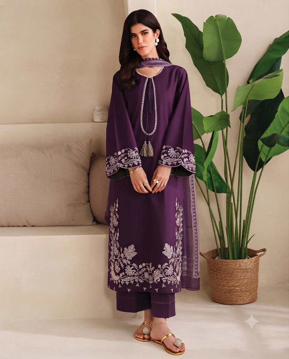 Embroidered Velvet Kurta and Trouser Ensemble