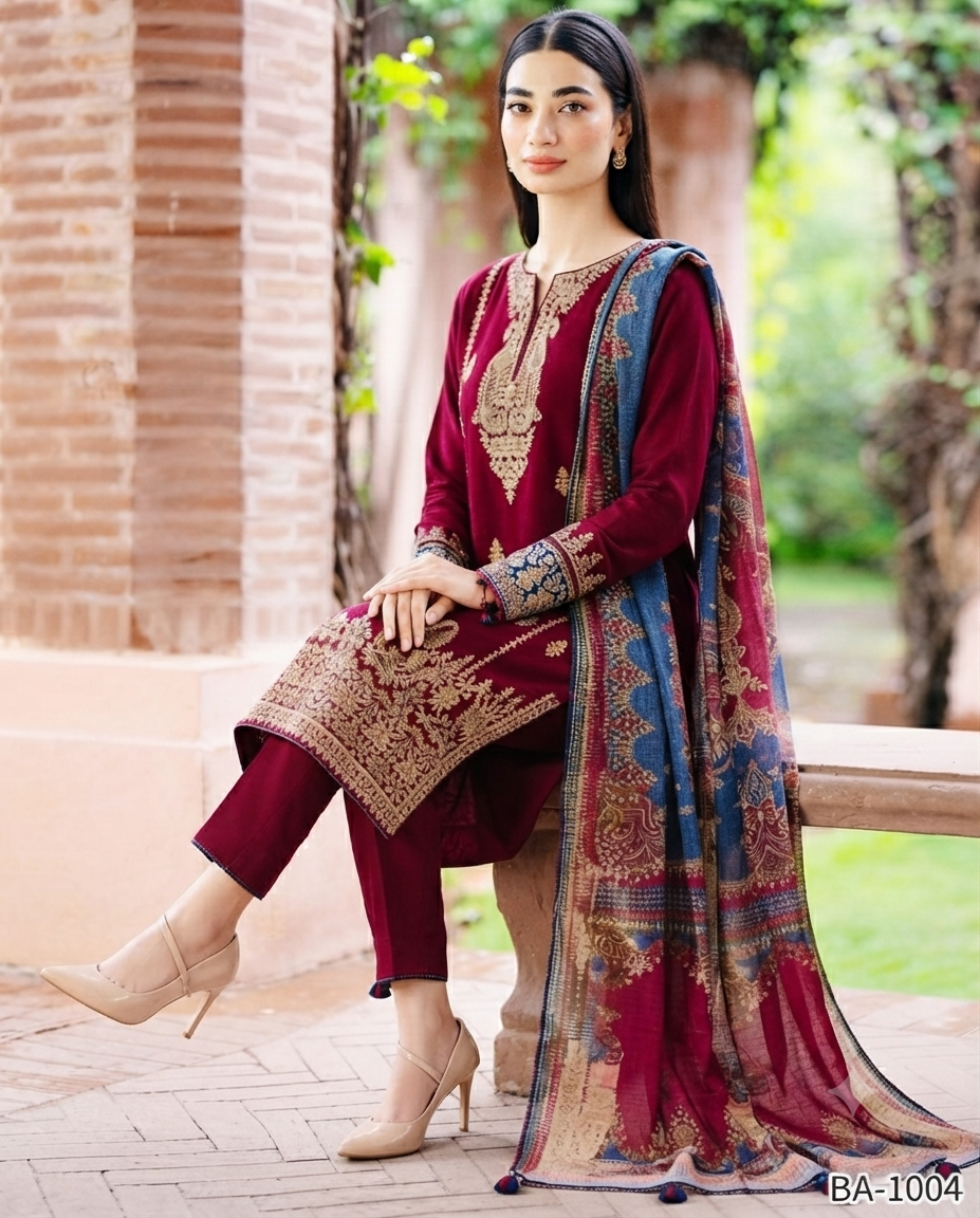 Embroidered Velvet Kurta and Trouser Ensemble