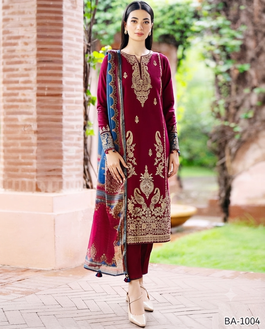 Embroidered Velvet Kurta and Trouser Ensemble