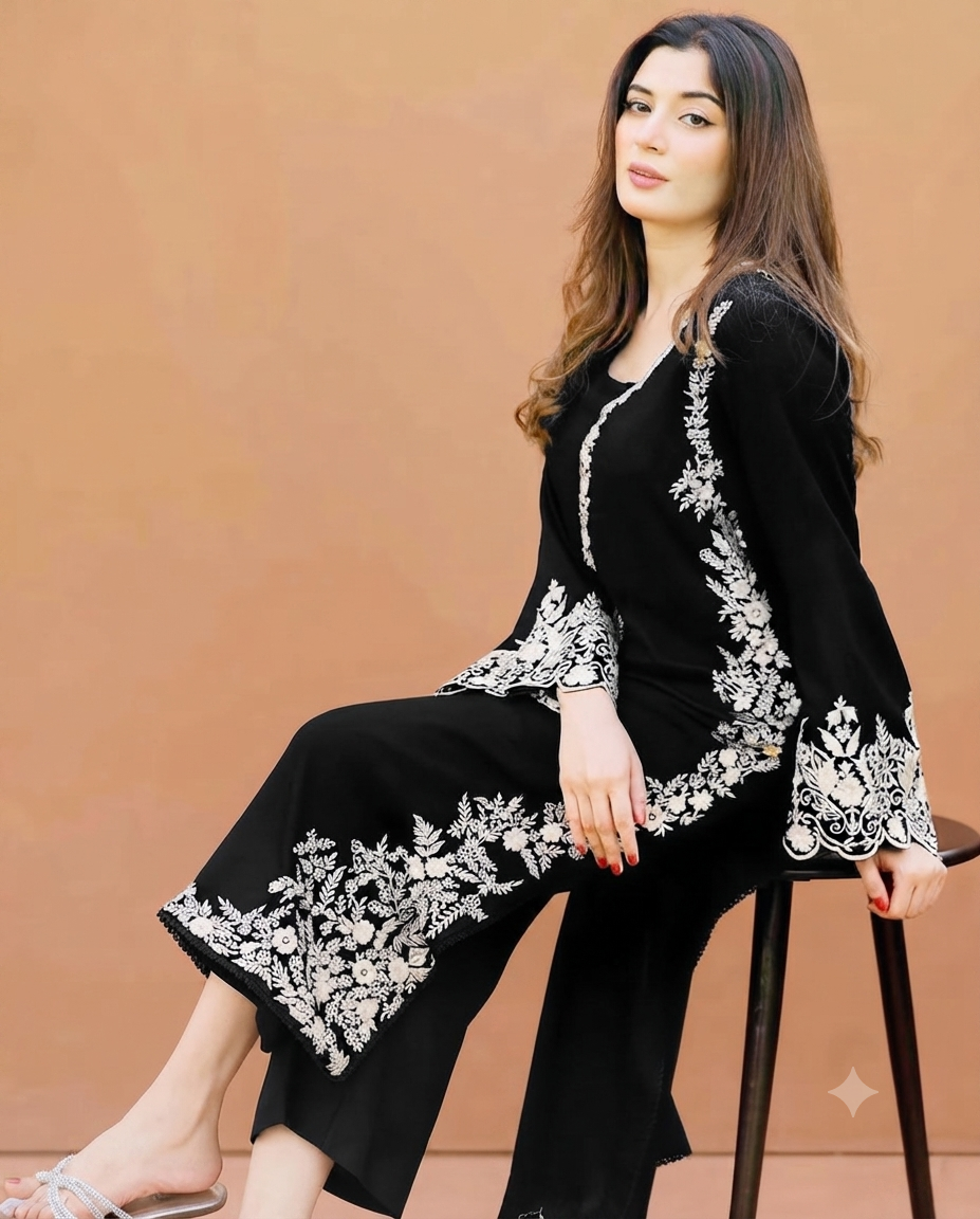 Embroidered Velvet Kurta and Trouser Ensemble
