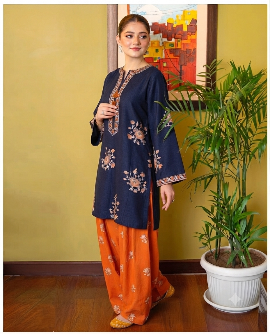 Embroidered Velvet Kurta and Trouser Ensemble